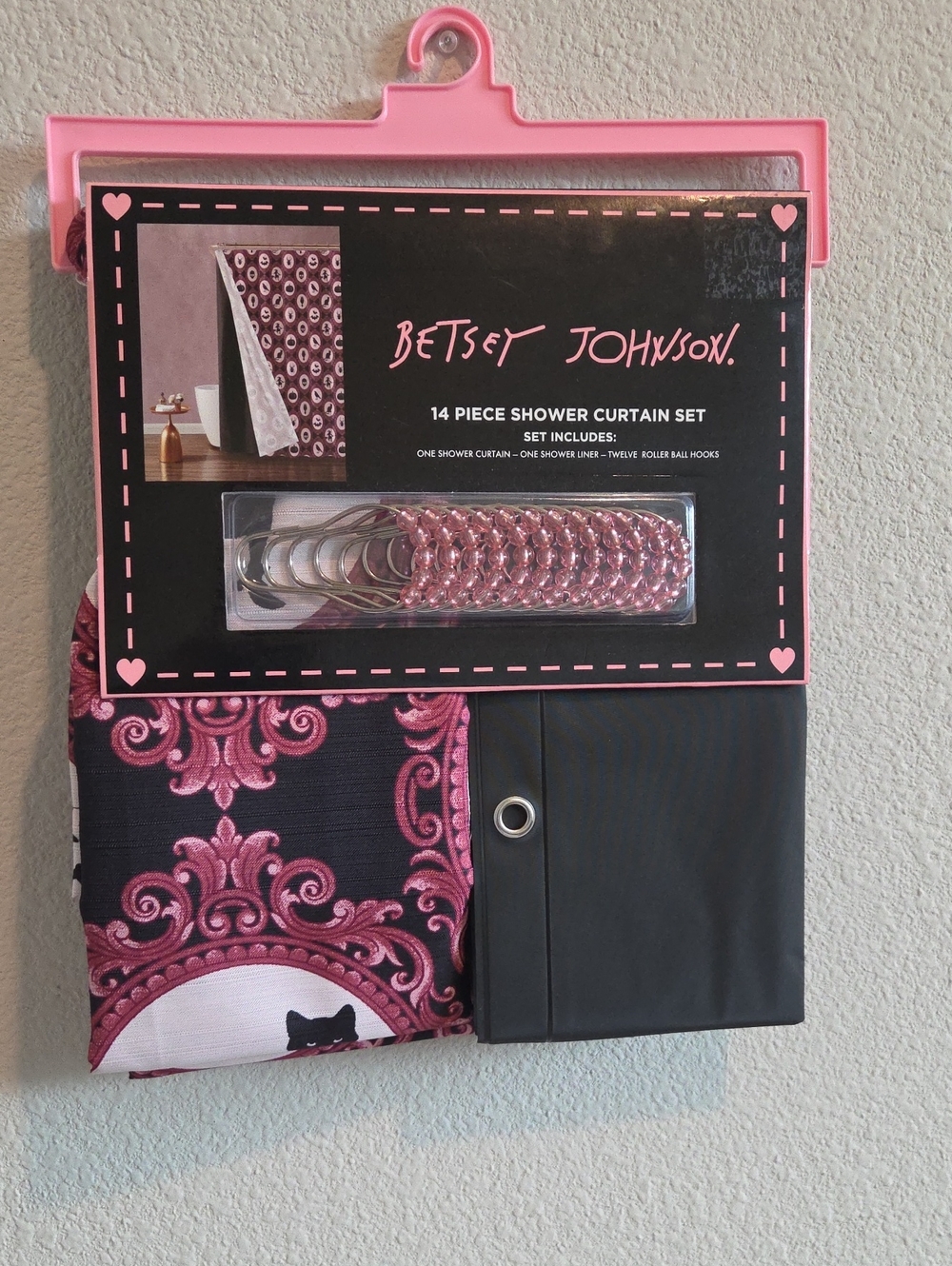 Betsey Johnson Pink and Black Shower Curtain Set with Hooks Halloween Theme